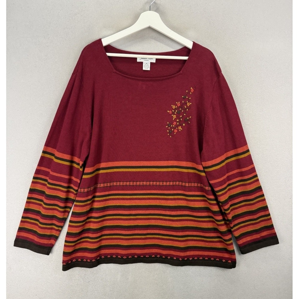 Vintage Judith Hart Linen Blend Sweater Plus Size 3 Maroon Striped‎ Floral